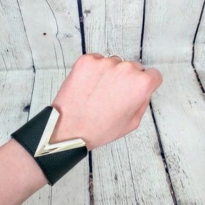 Black Leather Wide Wrap Silver Cuff Bracelet